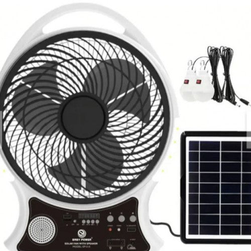 Abanico Recargable Con Panel Solar, 2 Bombillas, Bocina Bluetooth, Puerto USB y Radio FM