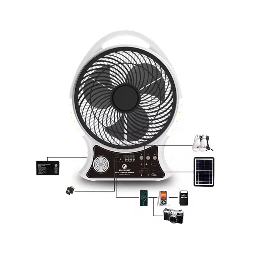 Abanico Recargable Con Panel Solar, 2 Bombillas, Bocina Bluetooth, Puerto USB y Radio FM
