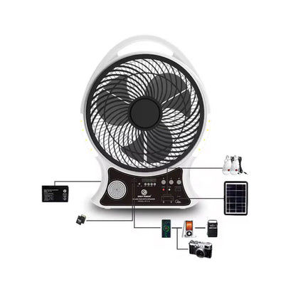 Abanico Recargable Con Panel Solar, 2 Bombillas, Bocina Bluetooth, Puerto USB y Radio FM